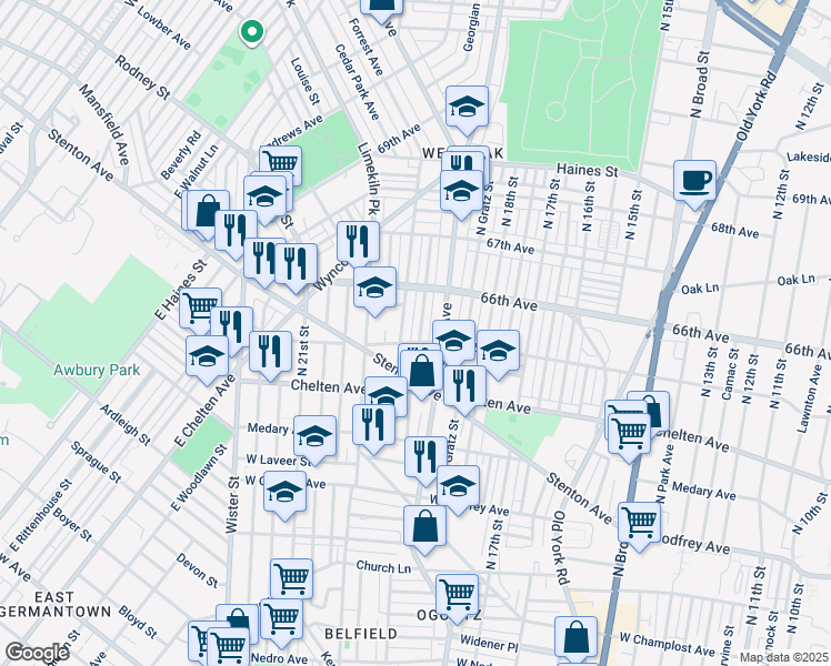 map of restaurants, bars, coffee shops, grocery stores, and more near 6506 North Uber Street in Philadelphia