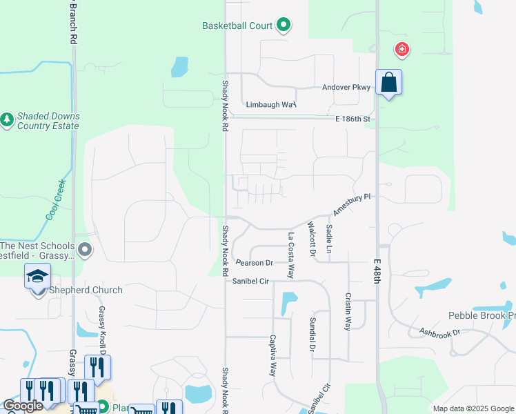 map of restaurants, bars, coffee shops, grocery stores, and more near 4226 Amesbury Place in Noblesville