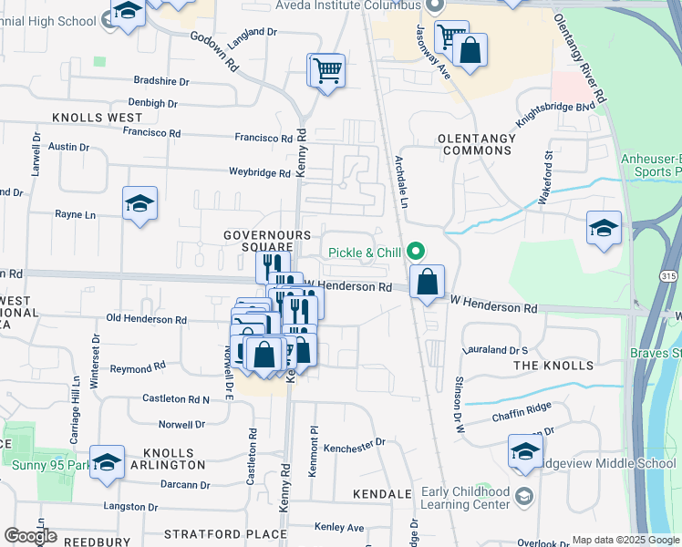 map of restaurants, bars, coffee shops, grocery stores, and more near 1172 Benchmark Park Drive in Columbus