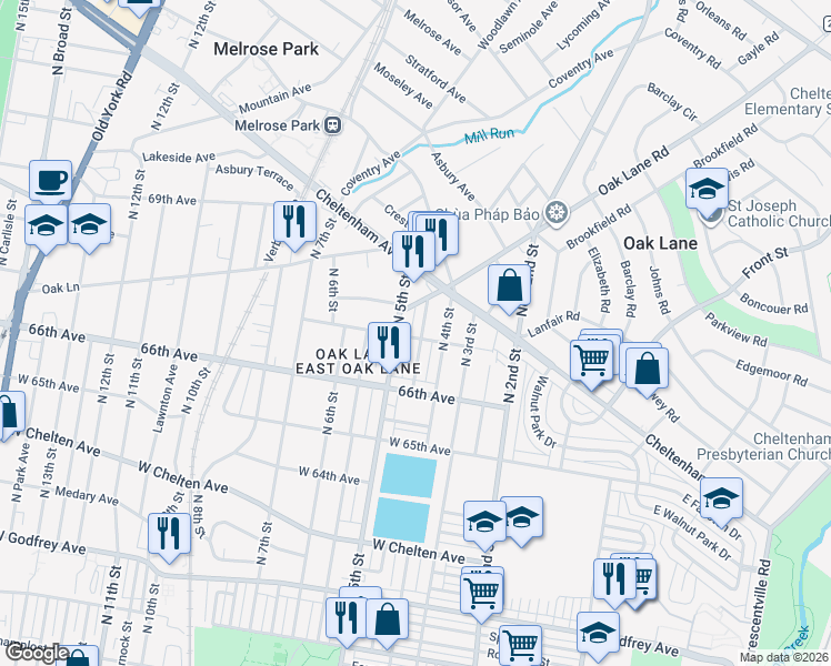 map of restaurants, bars, coffee shops, grocery stores, and more near 6650 North Lawrence Street in Philadelphia