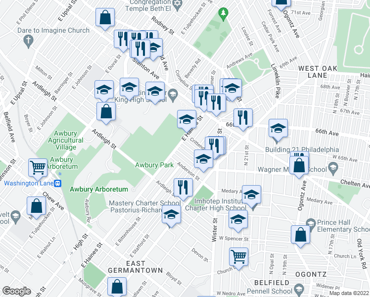 map of restaurants, bars, coffee shops, grocery stores, and more near 5850 Brush Road in Philadelphia