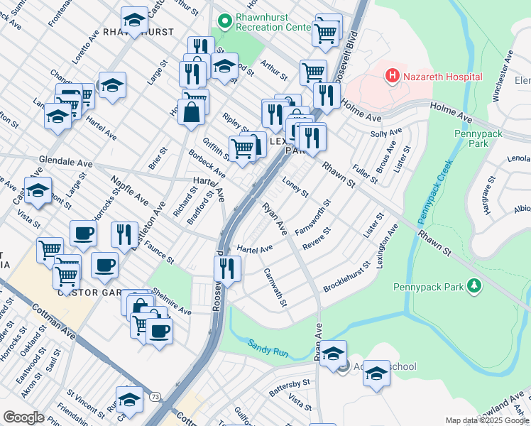 map of restaurants, bars, coffee shops, grocery stores, and more near 2610 Ryan Avenue in Philadelphia