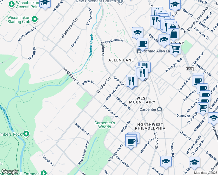 map of restaurants, bars, coffee shops, grocery stores, and more near 434 West Allens Lane in Philadelphia