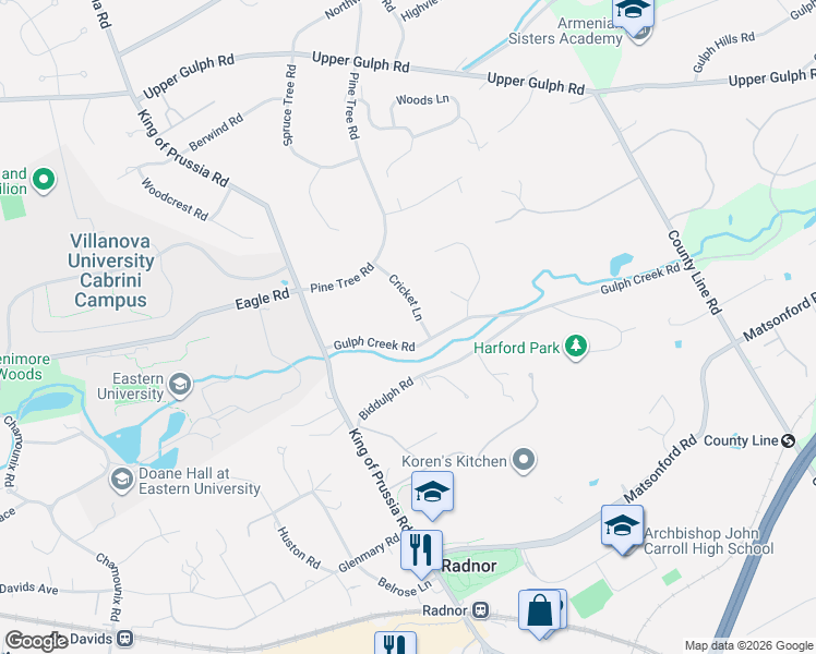 map of restaurants, bars, coffee shops, grocery stores, and more near 225 Gulph Creek Road in Wayne