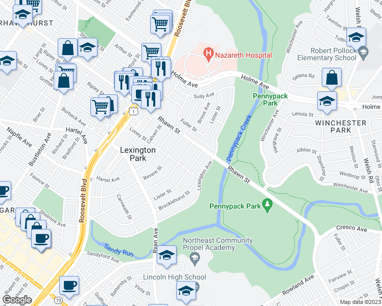 map of restaurants, bars, coffee shops, grocery stores, and more near 7925 Brous Avenue in Philadelphia