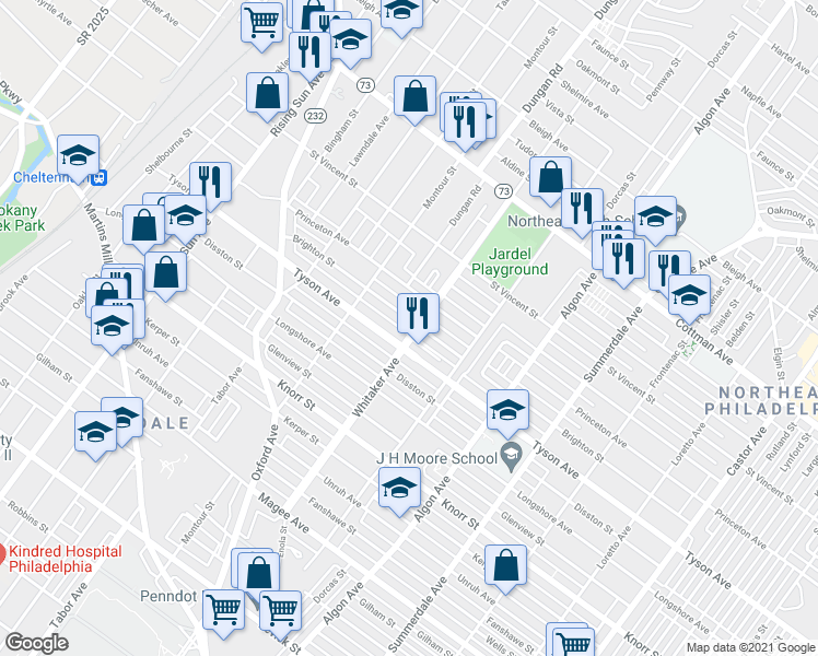 map of restaurants, bars, coffee shops, grocery stores, and more near 848 Brighton Street in Philadelphia