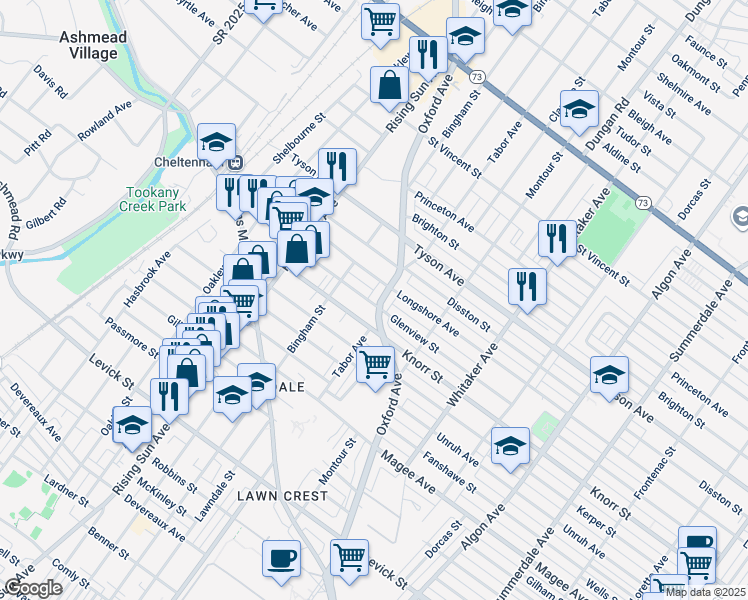 map of restaurants, bars, coffee shops, grocery stores, and more near 6828 Oxford Avenue in Philadelphia