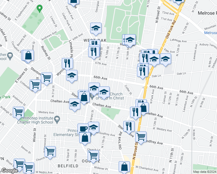 map of restaurants, bars, coffee shops, grocery stores, and more near 6508 North 17th Street in Philadelphia