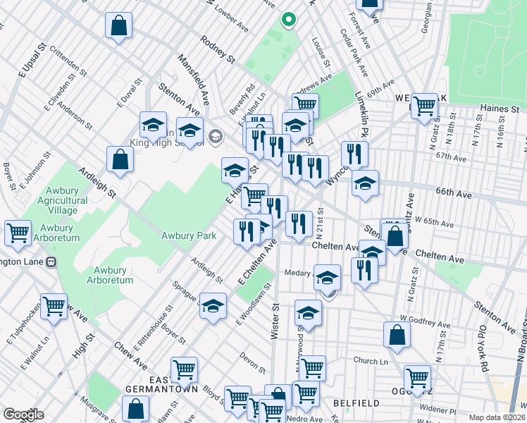 map of restaurants, bars, coffee shops, grocery stores, and more near 5738 Crittenden Street in Philadelphia