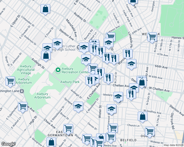 map of restaurants, bars, coffee shops, grocery stores, and more near 5738 Crittenden Street in Philadelphia