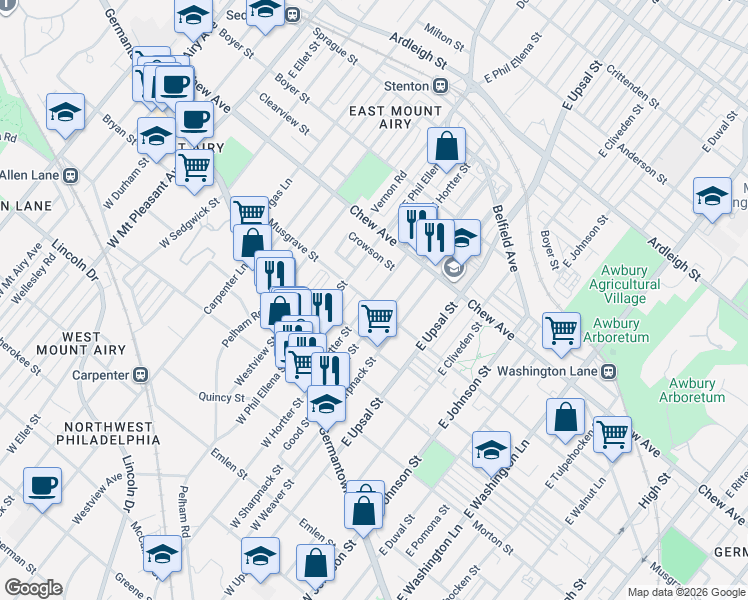 map of restaurants, bars, coffee shops, grocery stores, and more near 6634 Musgrave Street in Philadelphia