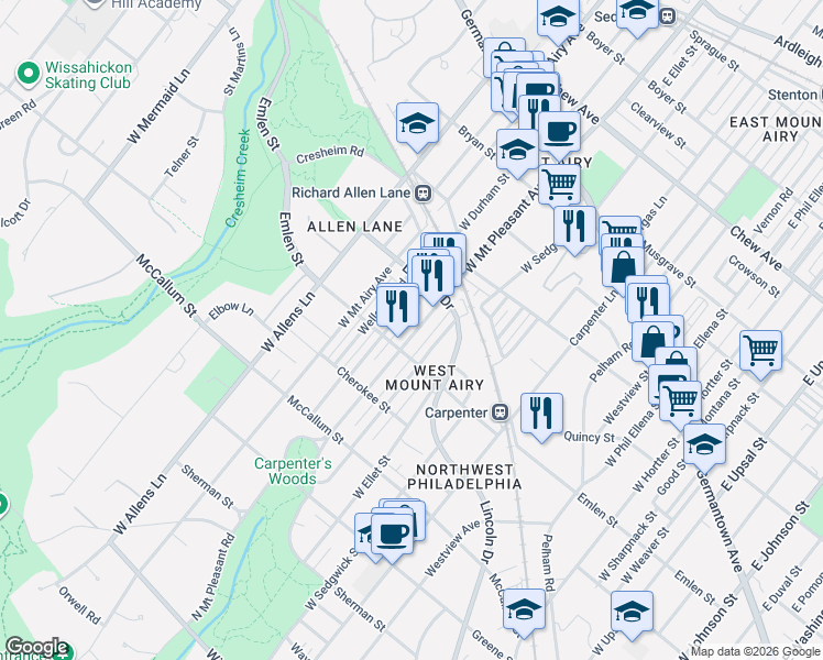 map of restaurants, bars, coffee shops, grocery stores, and more near 342 West Mount Pleasant Avenue in Philadelphia