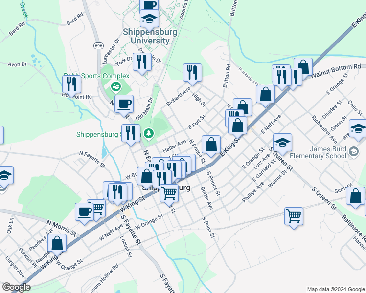 map of restaurants, bars, coffee shops, grocery stores, and more near 114 East Burd Street in Shippensburg