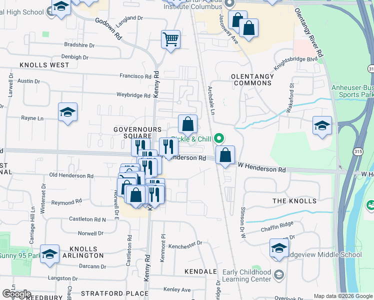 map of restaurants, bars, coffee shops, grocery stores, and more near 1004 Benchmark Park Drive in Columbus