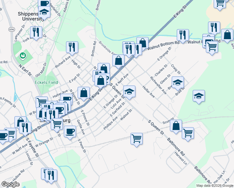 map of restaurants, bars, coffee shops, grocery stores, and more near 323 East Orange Street in Shippensburg