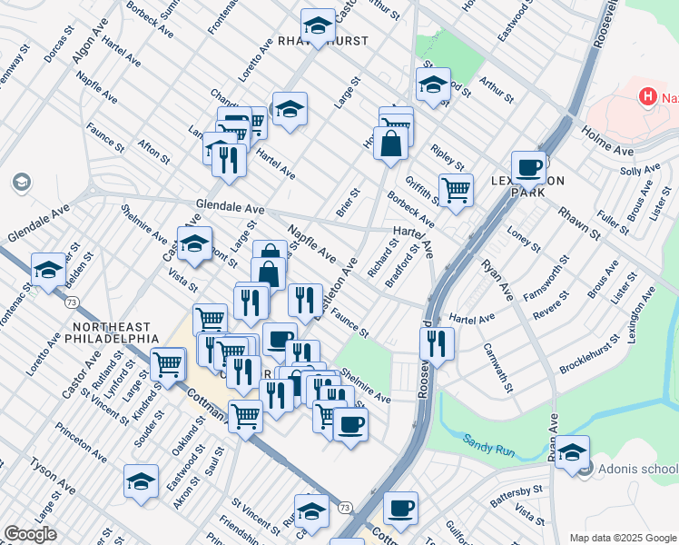 map of restaurants, bars, coffee shops, grocery stores, and more near 7606 Bustleton Avenue in Philadelphia