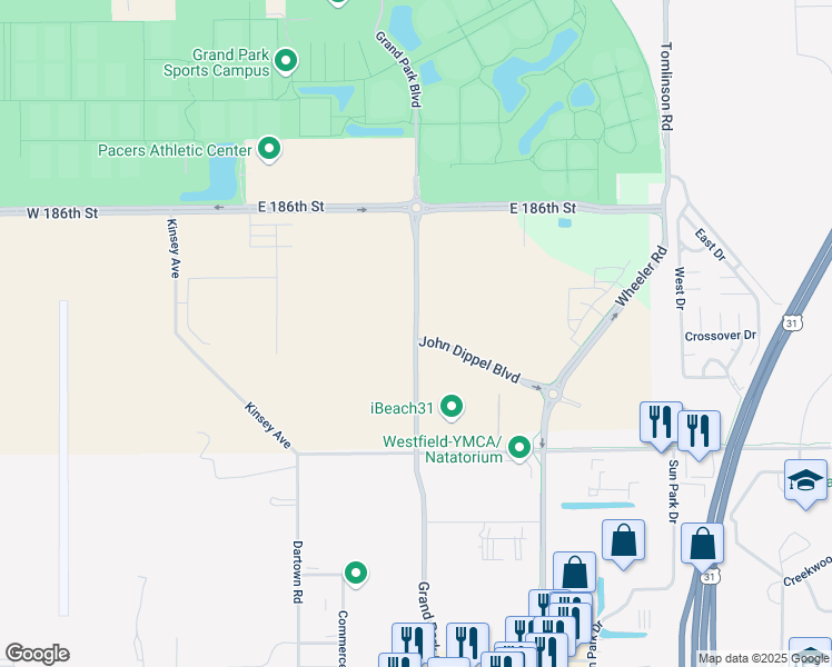 map of restaurants, bars, coffee shops, grocery stores, and more near Grand Park Boulevard in Westfield