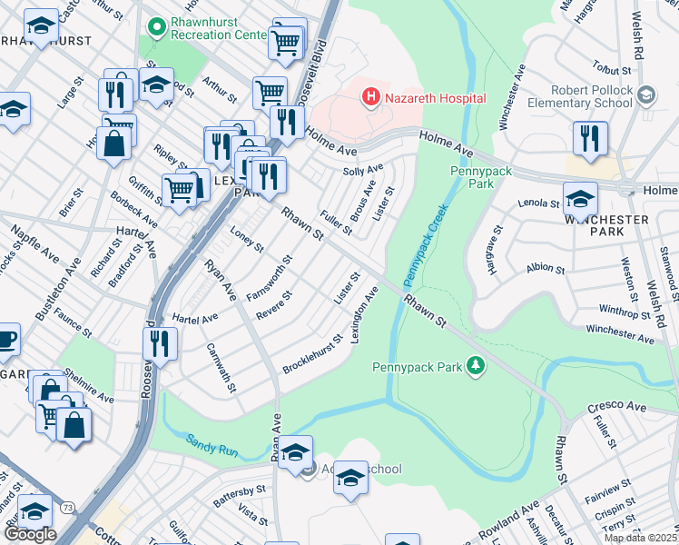 map of restaurants, bars, coffee shops, grocery stores, and more near 7925 Brous Avenue in Philadelphia