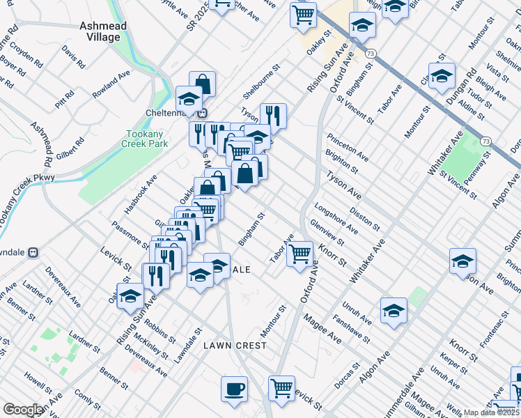 map of restaurants, bars, coffee shops, grocery stores, and more near 6734 Bingham Street in Philadelphia
