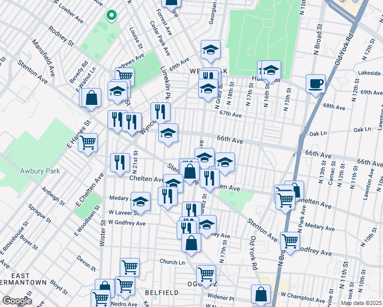 map of restaurants, bars, coffee shops, grocery stores, and more near 6509 North Uber Street in Philadelphia