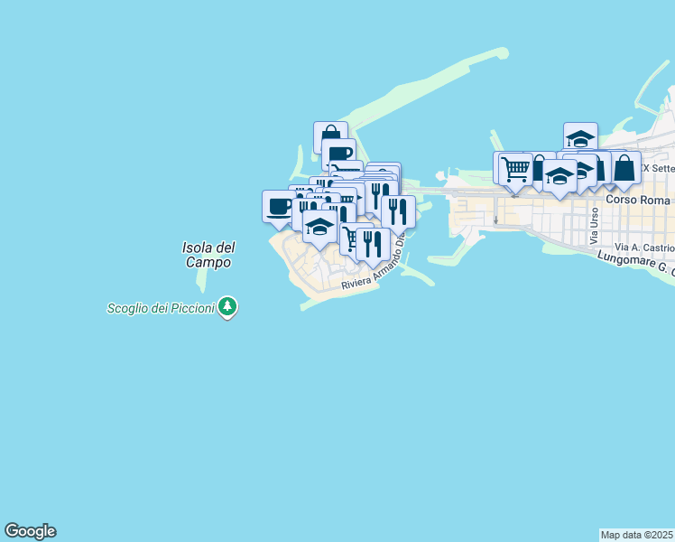 map of restaurants, bars, coffee shops, grocery stores, and more near 45 Riviera Diaz in Gallipoli