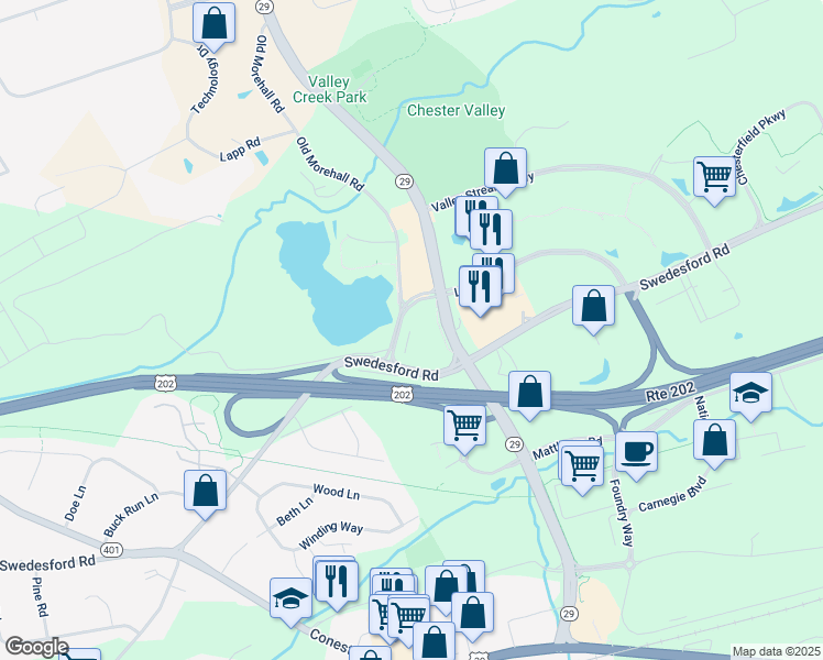 map of restaurants, bars, coffee shops, grocery stores, and more near 2 Liberty Boulevard in Malvern