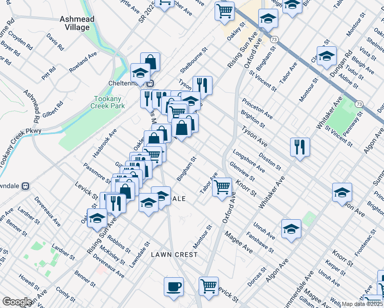 map of restaurants, bars, coffee shops, grocery stores, and more near 6734 Bingham Street in Philadelphia