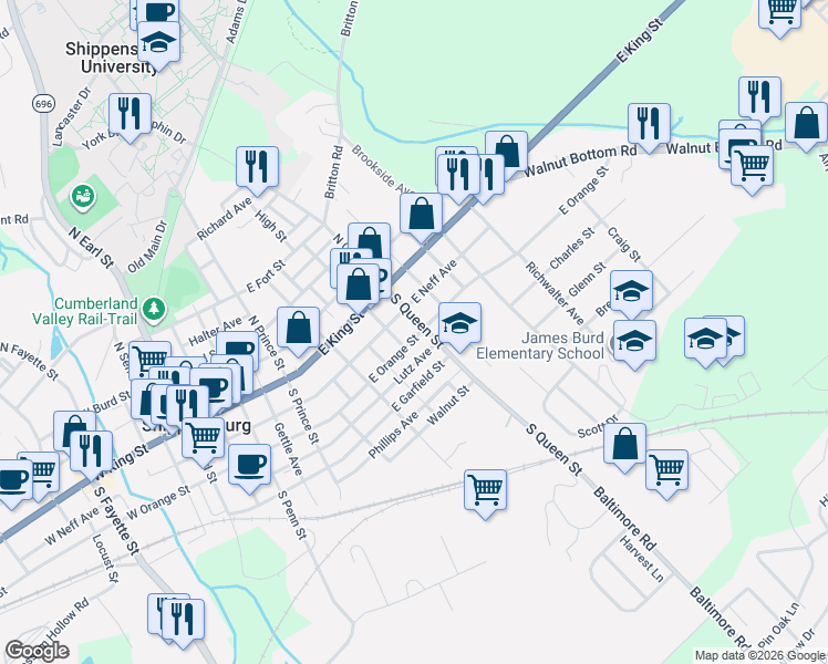 map of restaurants, bars, coffee shops, grocery stores, and more near 323 East Orange Street in Shippensburg