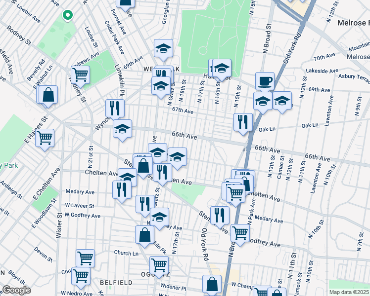 map of restaurants, bars, coffee shops, grocery stores, and more near 6508 North 17th Street in Philadelphia