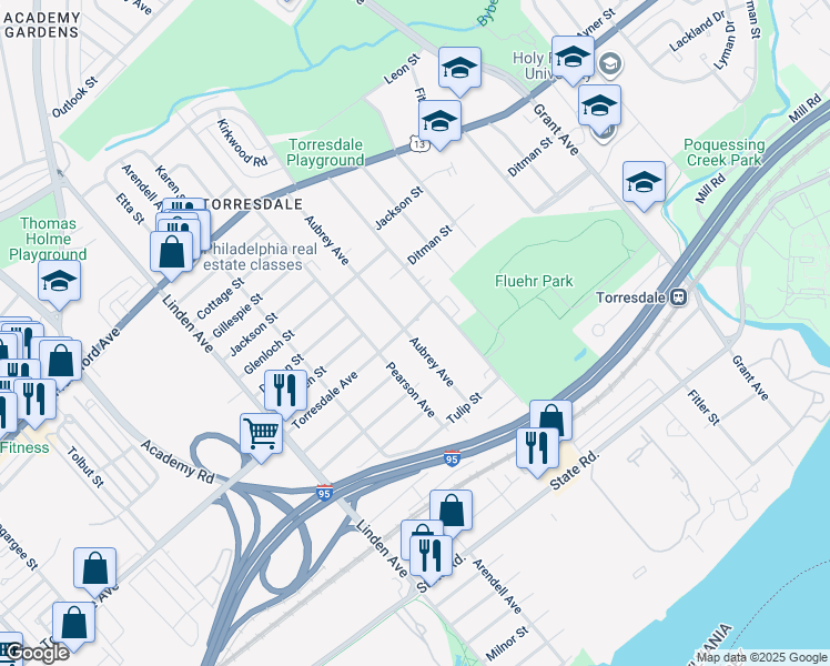 map of restaurants, bars, coffee shops, grocery stores, and more near 9501 Torresdale Avenue in Philadelphia