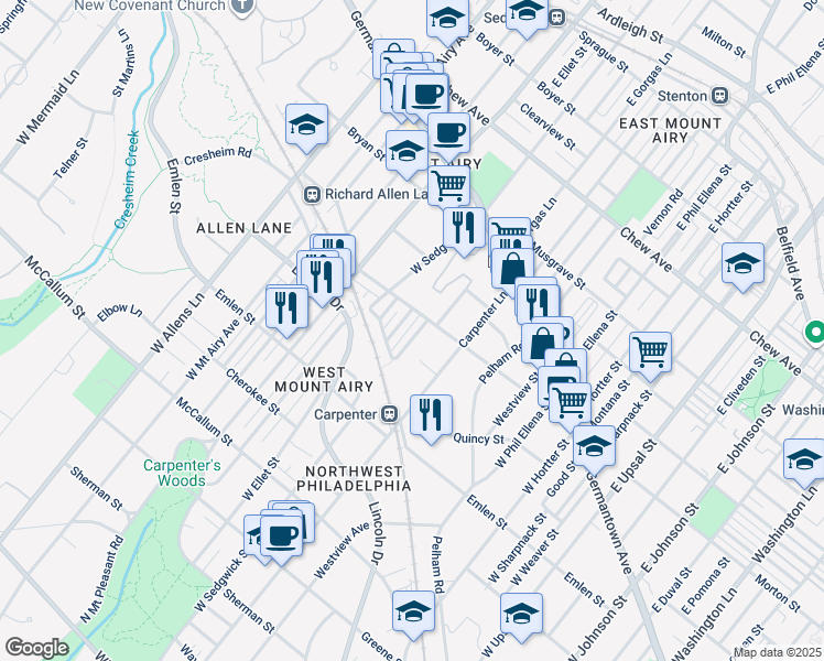 map of restaurants, bars, coffee shops, grocery stores, and more near 221 West Gorgas Lane in Philadelphia