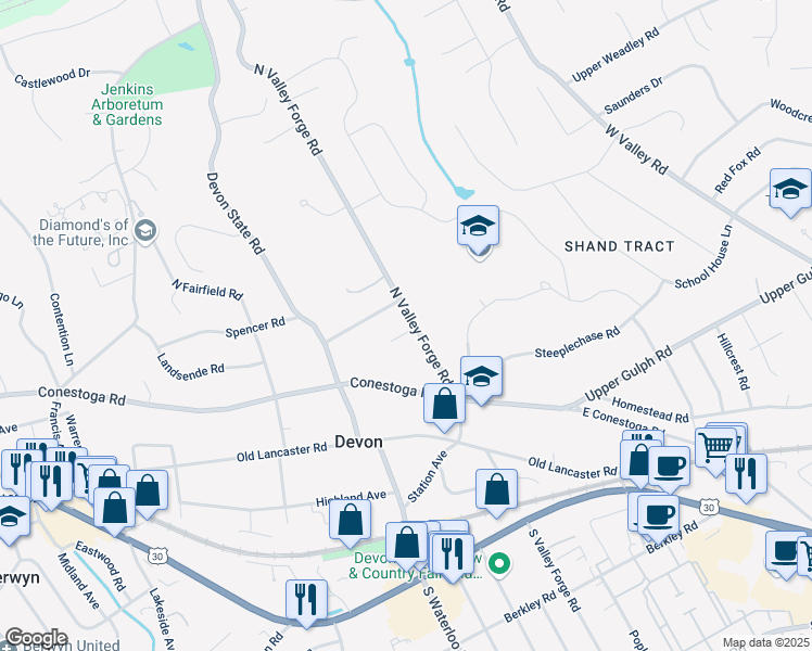 map of restaurants, bars, coffee shops, grocery stores, and more near 109 Gail Road in Devon