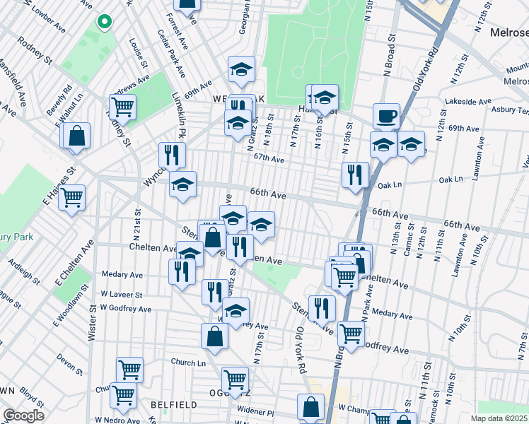 map of restaurants, bars, coffee shops, grocery stores, and more near 6522 North Bouvier Street in Philadelphia