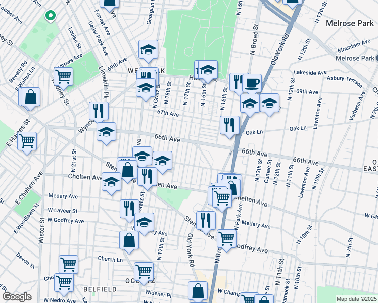 map of restaurants, bars, coffee shops, grocery stores, and more near 6535 North Smedley Street in Philadelphia