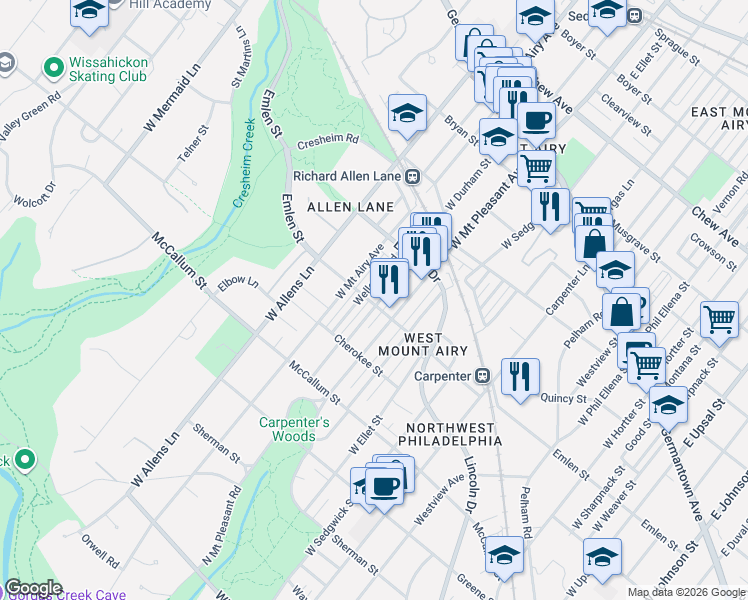 map of restaurants, bars, coffee shops, grocery stores, and more near 408 West Durham Street in Philadelphia