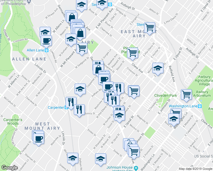 map of restaurants, bars, coffee shops, grocery stores, and more near 2 Slocum Street in Philadelphia