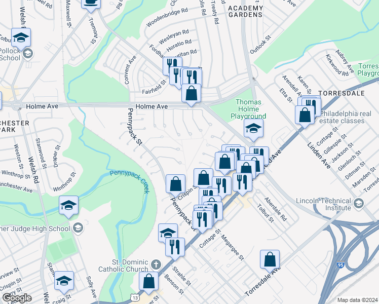 map of restaurants, bars, coffee shops, grocery stores, and more near 8724 Crispin Drive in Philadelphia