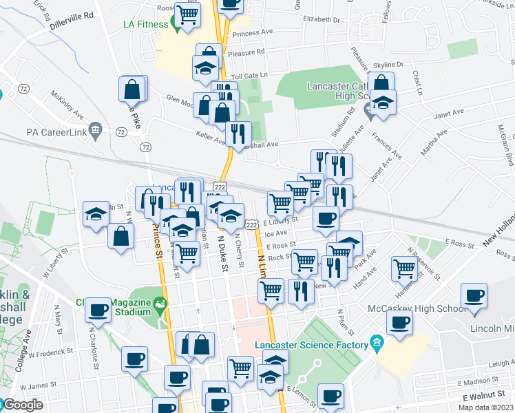 map of restaurants, bars, coffee shops, grocery stores, and more near 1033 North Lime Street in Lancaster