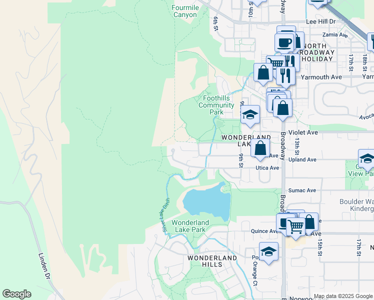 map of restaurants, bars, coffee shops, grocery stores, and more near 455 Utica Avenue in Boulder