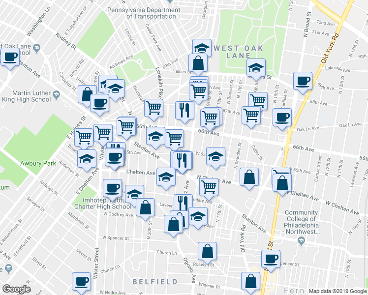 map of restaurants, bars, coffee shops, grocery stores, and more near 6511 North Uber Street in Philadelphia