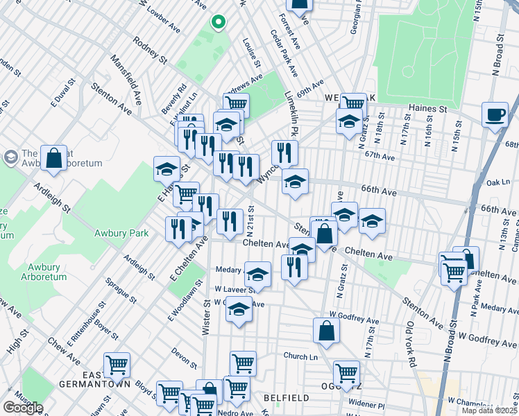 map of restaurants, bars, coffee shops, grocery stores, and more near 2054 Stenton Avenue in Philadelphia