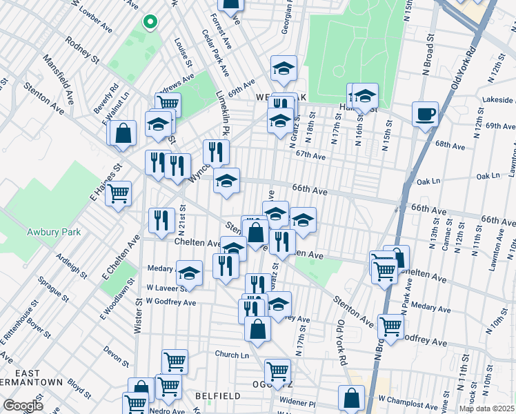 map of restaurants, bars, coffee shops, grocery stores, and more near 6511 North Uber Street in Philadelphia