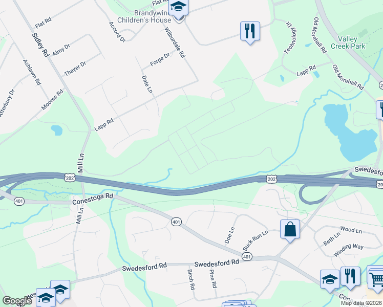 map of restaurants, bars, coffee shops, grocery stores, and more near 272 Lapp Road in Malvern