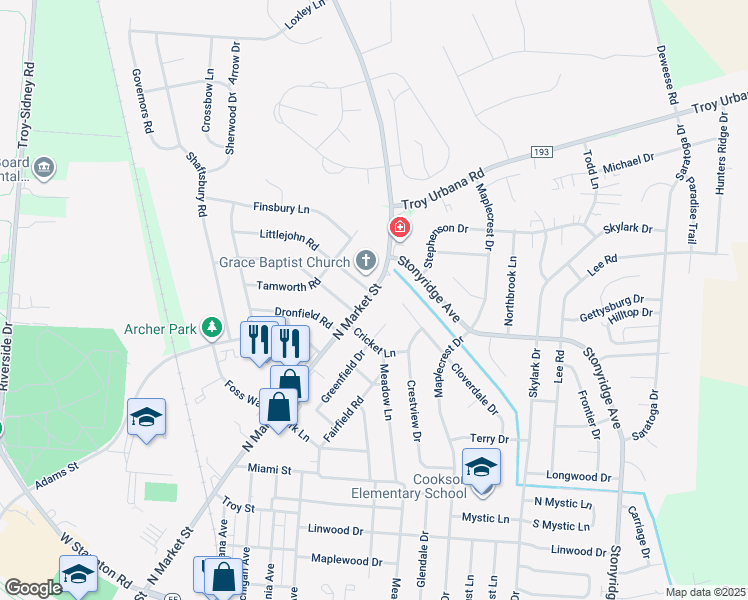 map of restaurants, bars, coffee shops, grocery stores, and more near 1295 North Market Street in Troy