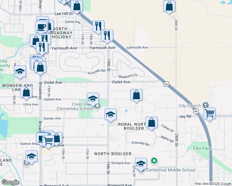 map of restaurants, bars, coffee shops, grocery stores, and more near 2005 Upland Avenue in Boulder