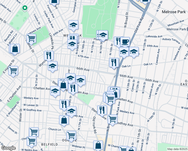 map of restaurants, bars, coffee shops, grocery stores, and more near 6537 North Smedley Street in Philadelphia