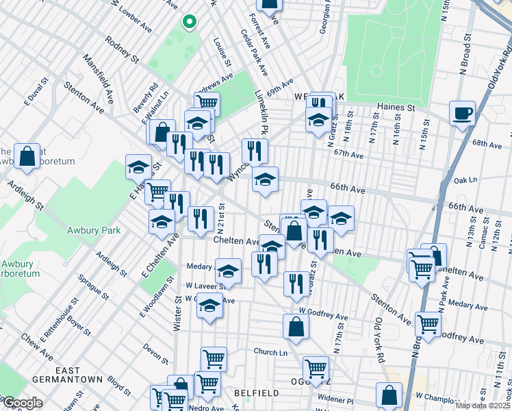 map of restaurants, bars, coffee shops, grocery stores, and more near 6514 Limekiln Pike in Philadelphia