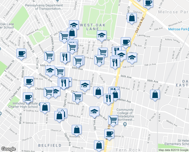 map of restaurants, bars, coffee shops, grocery stores, and more near 6537 North Smedley Street in Philadelphia