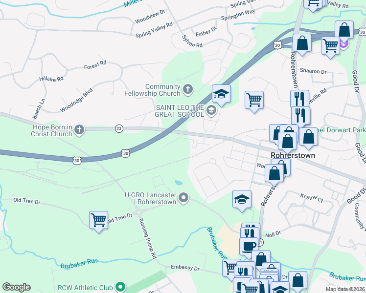 map of restaurants, bars, coffee shops, grocery stores, and more near 535 Red Maple Way in Lancaster