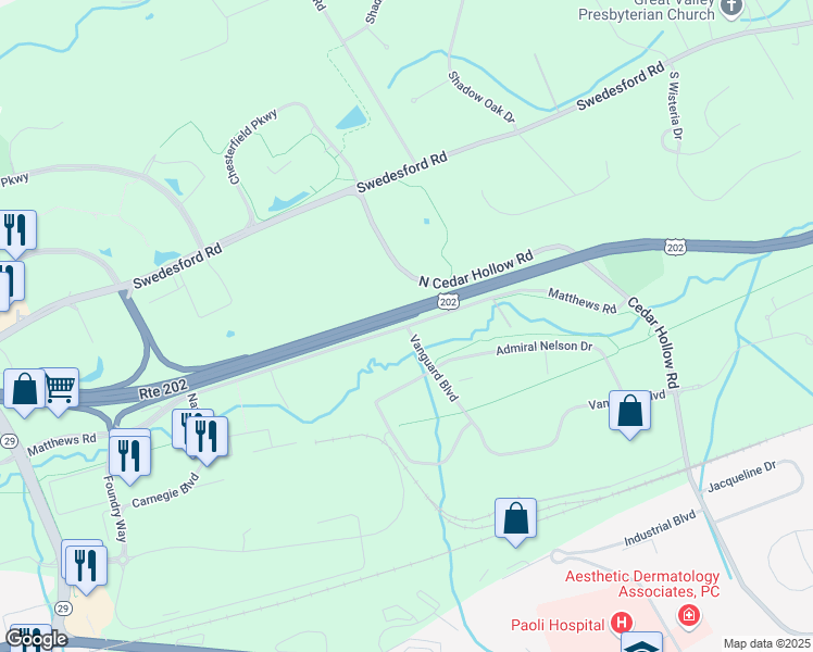 map of restaurants, bars, coffee shops, grocery stores, and more near 100 Vanguard Boulevard in Malvern